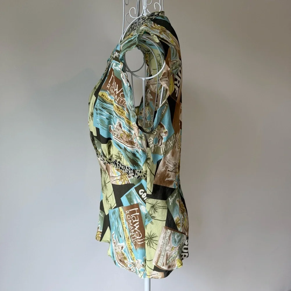 Sunny Leigh Silk Hawaiian Print Wrap Top Leopard Trim Sleeveless Size M v neck - Picture 3 of 6